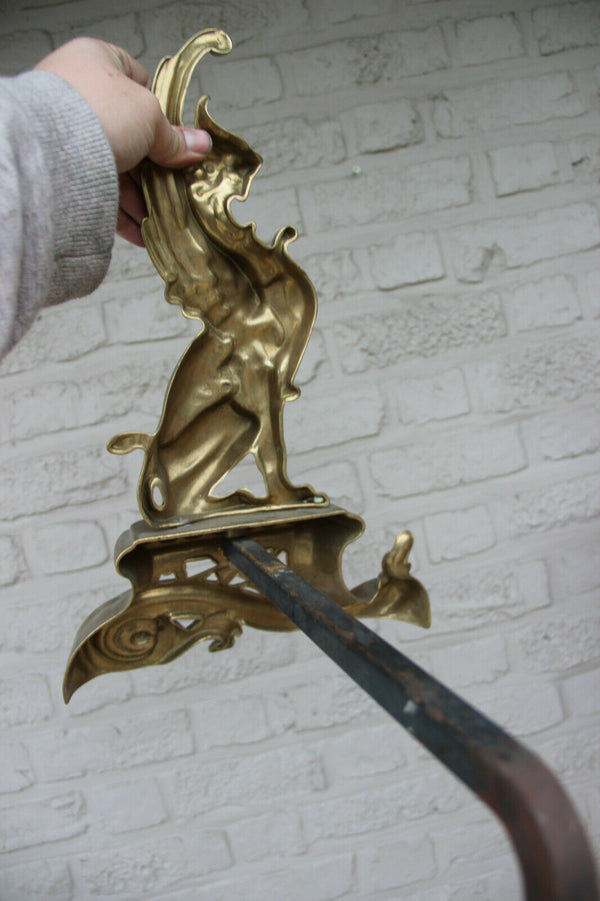 PAIR antique XL Brass Gothic Griffin Dragon Fireplace andirons