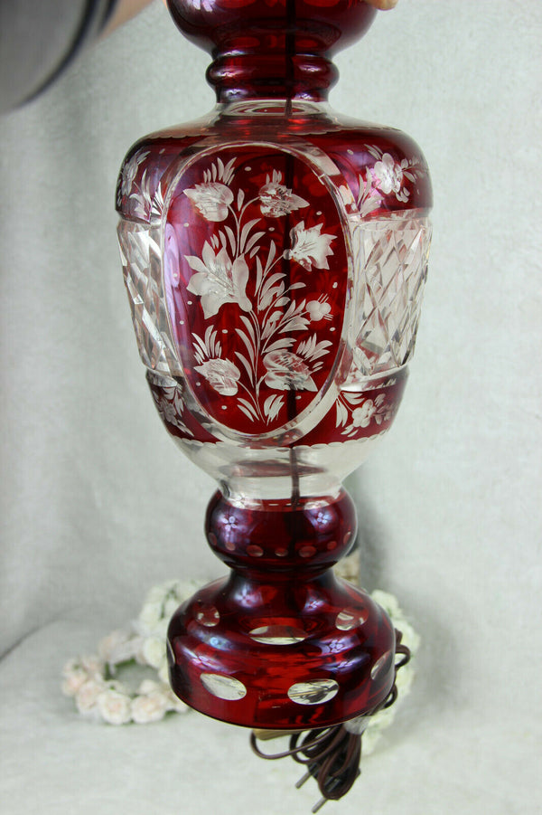 Bohemian Czech ruby red cut crystal glass floral lamp 1950