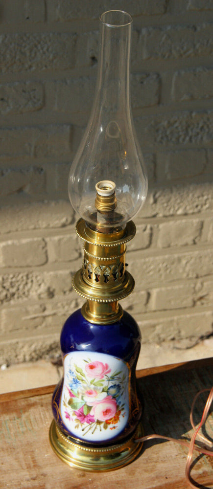 French VTG Bayeux Limoges porcelain floral decor petroleum electric lamp 50's
