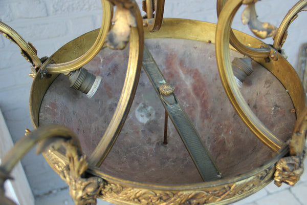 Antique French Amber alabaster marble Ram head Bronze chandelier 5 arms
