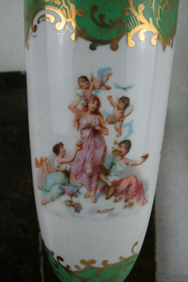 French Vintage 1950's Cherubs angels porcelain green table lamp