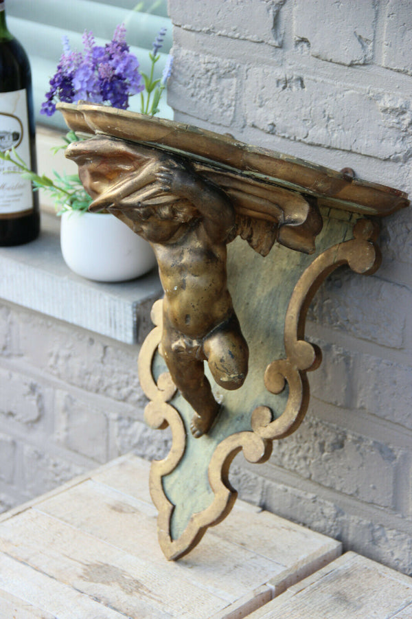 Antique italian gilt carved Wood & plaster putti angel figurine wall console