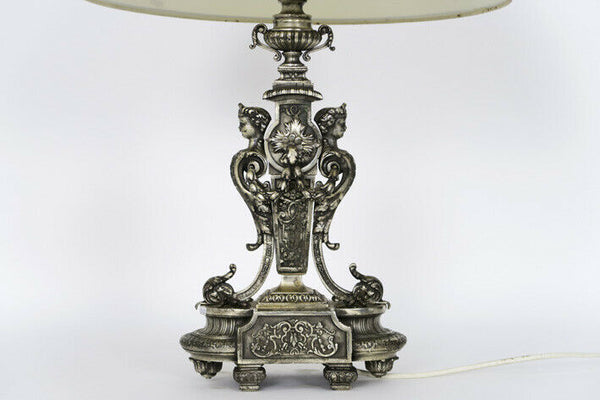 French Vintage bronze silver patina Caryatid angel cherub winged figurines lamp