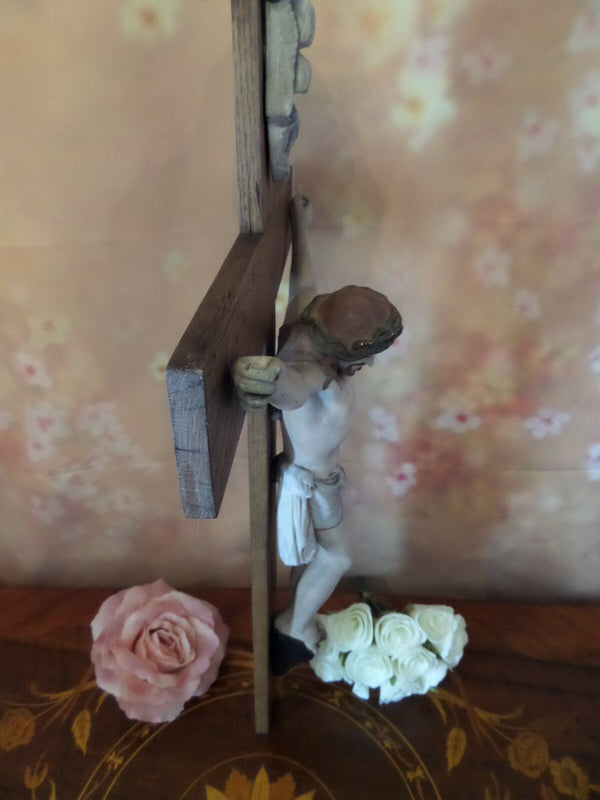 19thc FRENCH Rare Crucifix polychrome french stone biscuit christ wood cross 25