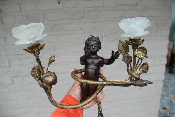 Antique French putti angel Bronze rose flower Glass tulip shades chandelier lamp