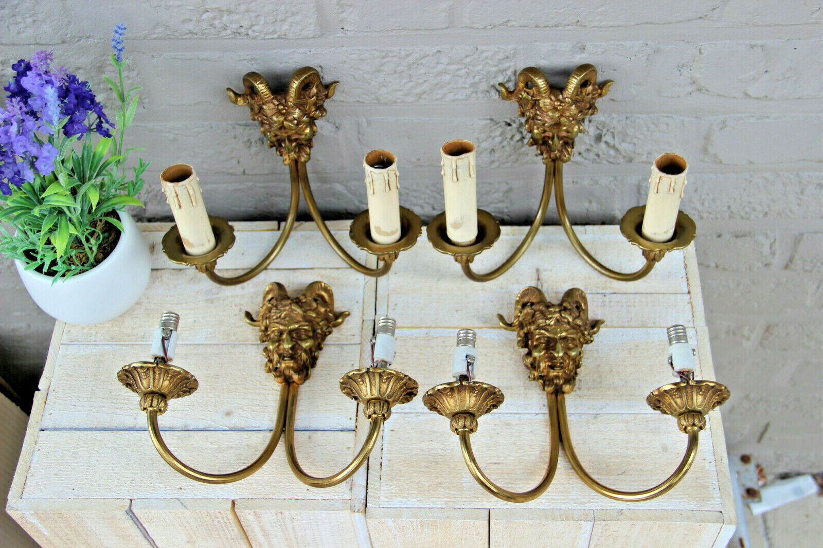 SET 4 Antique Bronze Devil satyr head wall lights sconces French gothic castle
