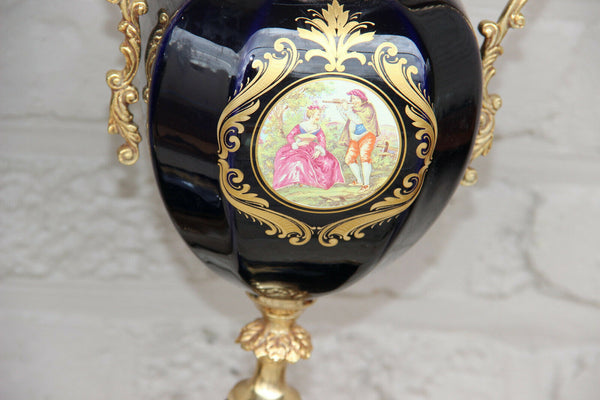 Pair French Limoges cobalt blue Victorian romantic scene Vases 1960 marked