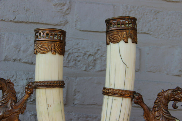 PAIR antique French bronze castle Lion cornucopia horn Gothic statue