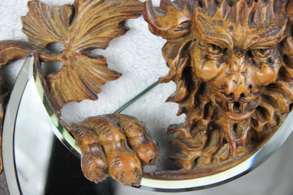 Large Antique French Wood carved dragon gothic head mirror sickle Attr. VIARDOT