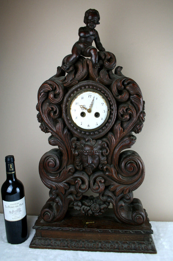 RARE! XXL Wood carved Black forest design Satyr putti 19thc French mantle clock