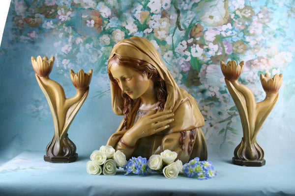 French altar Buste set Holy Virgin Mary Madonna with 2 matching candleholders