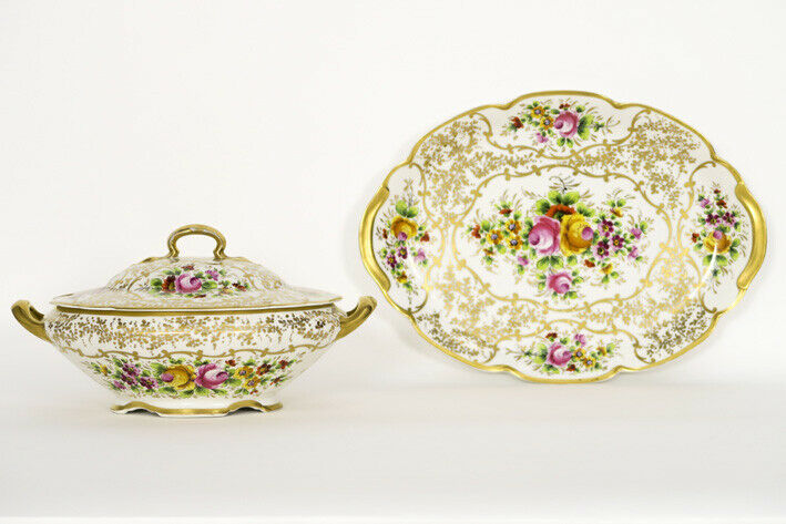 Large French floral sevres porcelain soupiere soup tureen on plate floral decor