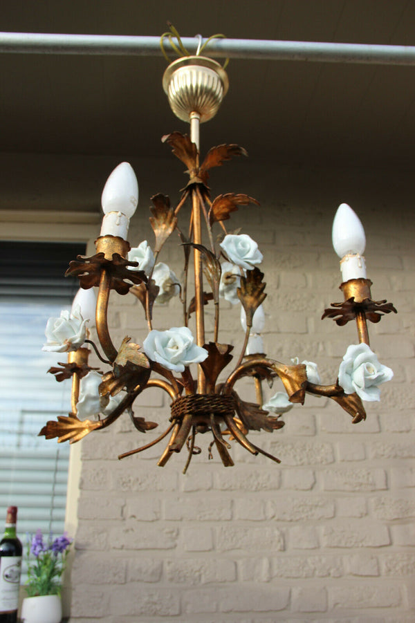 Vintage Metal gold gilt mid century Flower bouquet porcelain roses chandelier
