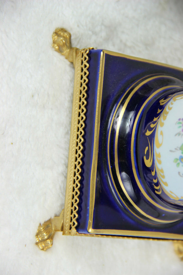 French Limoges Floral Table lamp porcelain blue marked lion paws