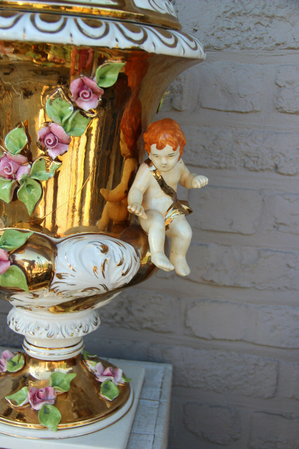 XXL Italian capodimonte porcelain vase Putti angels majolica floral decor lidded