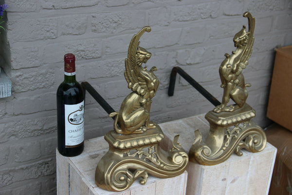 PAIR antique XL Brass Gothic Griffin Dragon Fireplace andirons