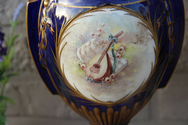 Antique PAIR french putti angels porcelain Blue Vases 19th c