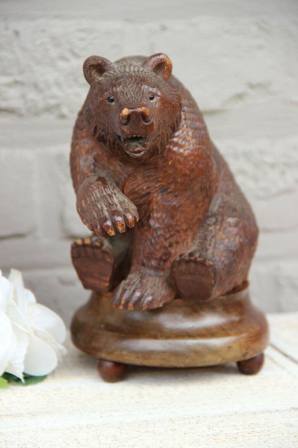 Antique hand Black forest wood carved swiss bear statue REUGE music box