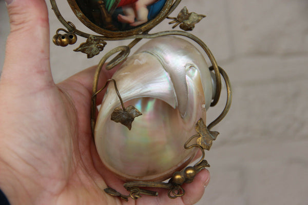 Rare antique religious mother pearl nacre holy water font porcelain Madonna