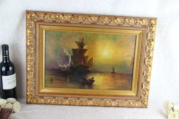 Gorgeous Flemish oil canvas 1933 Signed Painting Maritime Ship boats
