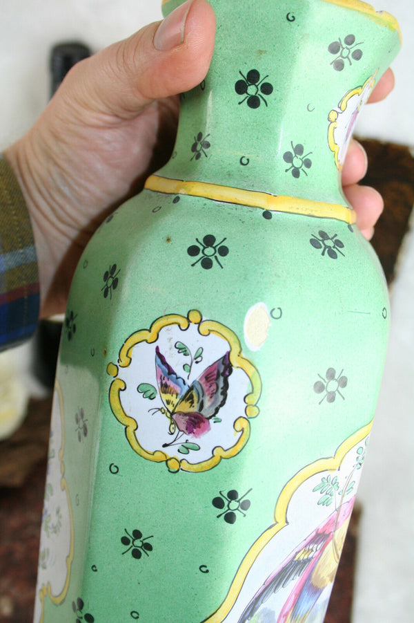 Stunning PAIR European Art Ceramic green bird Vases insects floral 1930