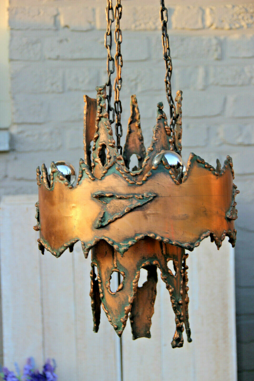 Rare Brutalist Mid century 1970 copper Brass torch Cut Chandelier attr. Greene