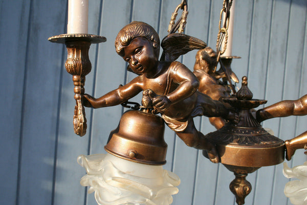 French 1950 spelter brass Angels putti cherubs chandelier candleholder 3 arms