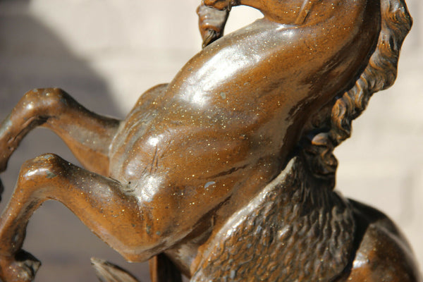 PAIR antique spelter Bronze patina marly horses by Coustou wood base