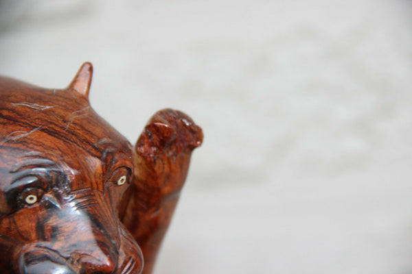 Rare japanese hand wood carved bear snake fight statue