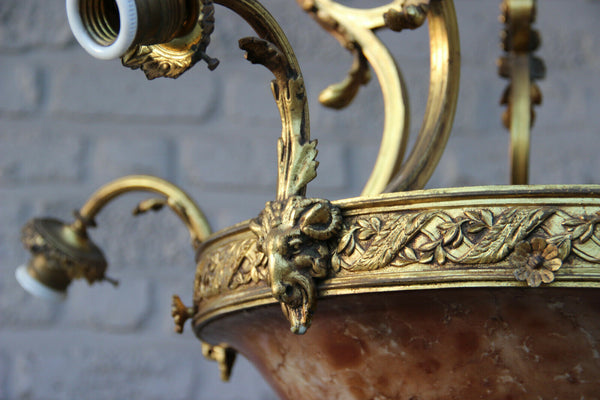 Antique French Amber alabaster marble Ram head Bronze chandelier 5 arms