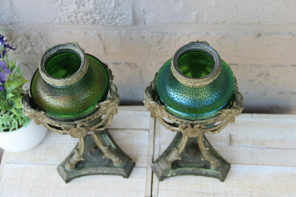 PAIR antique French Vases urns LOETZ green opalescent glass ram heads