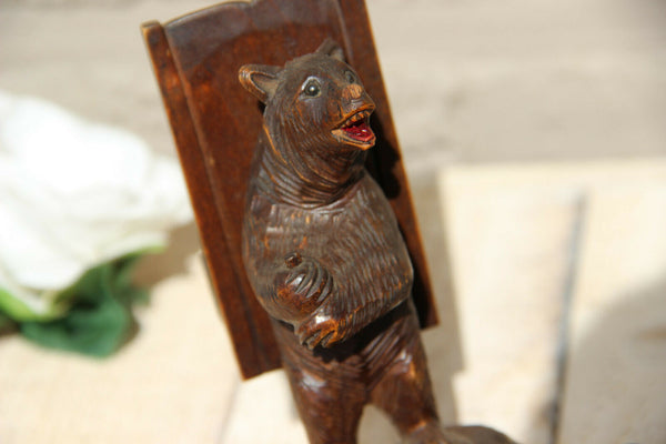 Antique hand Black forest wood carved swiss bear statue ashtray match holder