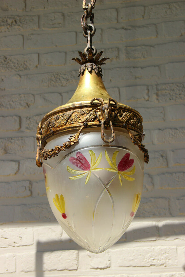 Antique French Lantern Pendant chandelier bronze ram heads enamel glass shade