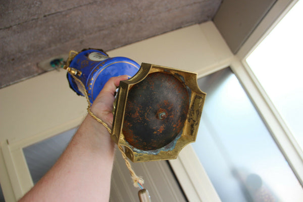 Huge PAIR French antique oil lamp Vieux paris porcelain portrait floral decor