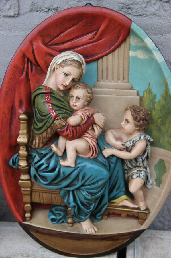 Antique chalkware polychrome hand paint wall panel relief madonna  religious