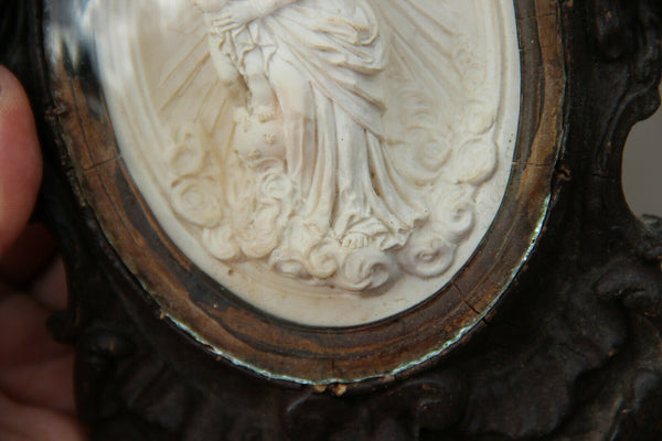 Antique Napoleon III wood carved crucifix meerschaum madonna signed ROGEAU