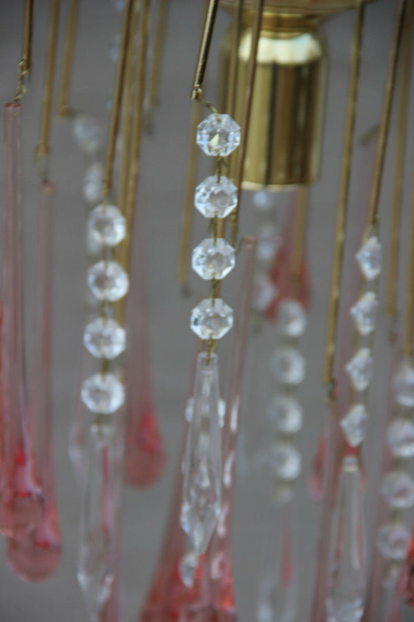 Vintage Murano drops pink Mid century Pendant chandelier brass 1970