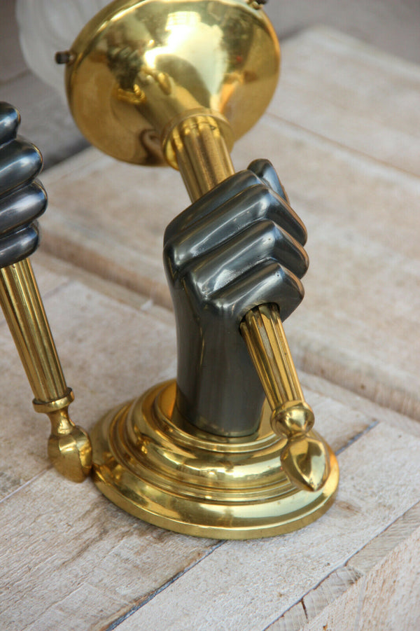 PAIR XL French brass Bronze 2 colour MAISON JANSEN hand wall lights sconces 1970