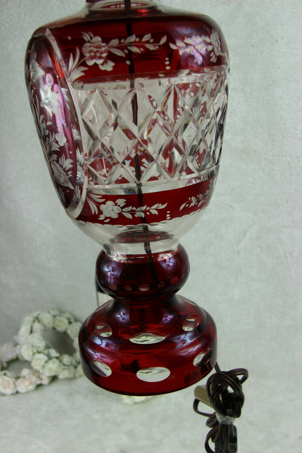 Bohemian Czech ruby red cut crystal glass floral lamp 1950