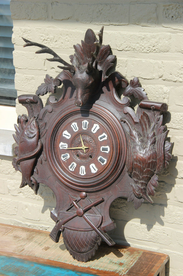 antique German 1900 Black forest wood carved Wall clock hunting trophy fish bird