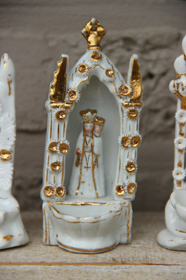 Set 4 antique French porcelain holy water font chapel madonna figurine