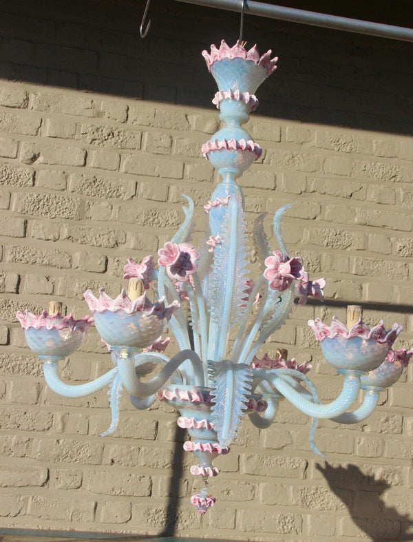 Pink Murano hand blown glass 6 arms Venetian Chandelier lamp mid century 1970