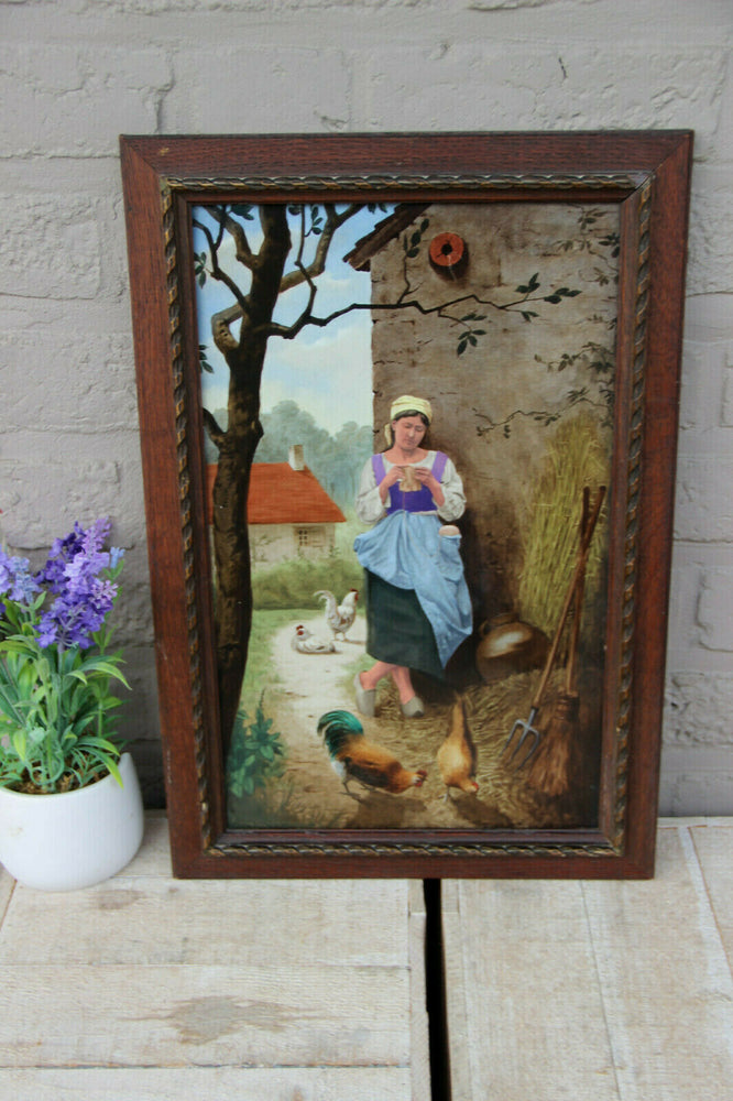 Large antique French Painting on porcelain signed Taillandier 1883 chicken n1