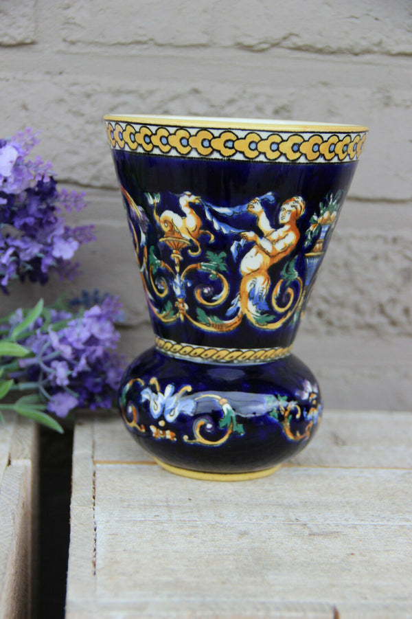 French GIEN marked porcelain mythological faun putti scene Vase