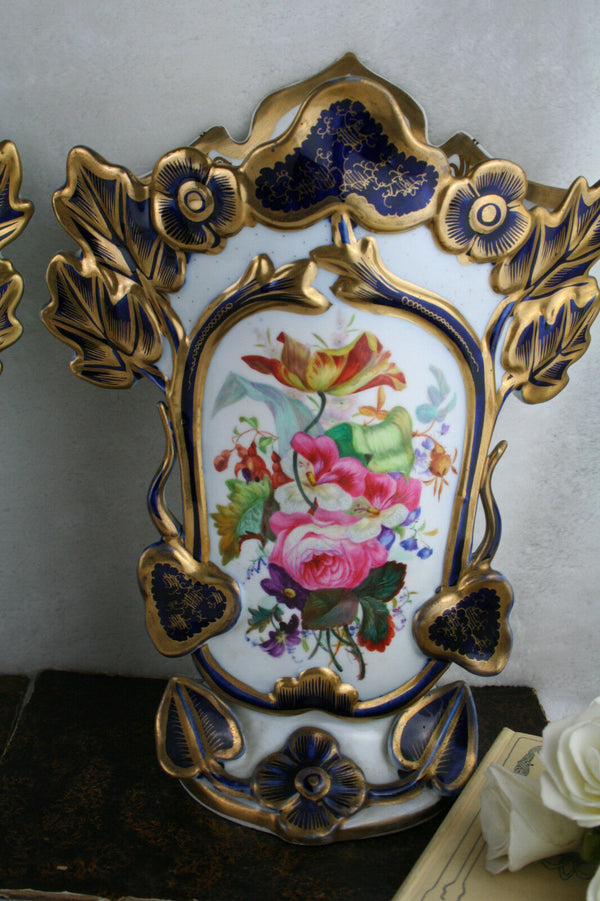 PAIR 19thC old Bayeux Paris porcelain floral hand paint decor French Vases