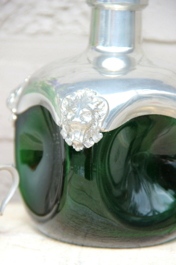 French pewter Etain de Paris marked Decanter carafe with 2 glasses lion heads