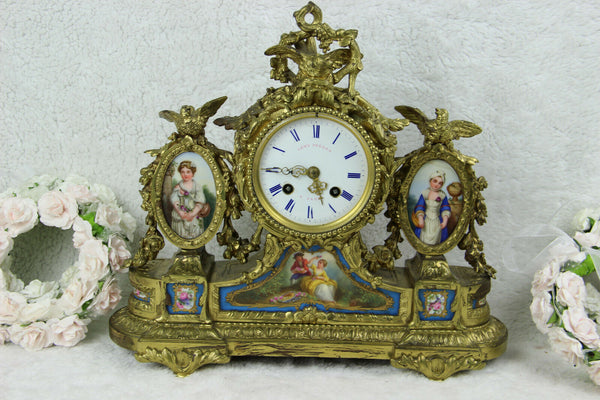 Antique 1850 SEVRES porcelain portrait medaillon lady birds clock