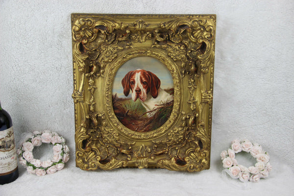 Vintage oil panel painting oval portait dog framed heavy frame