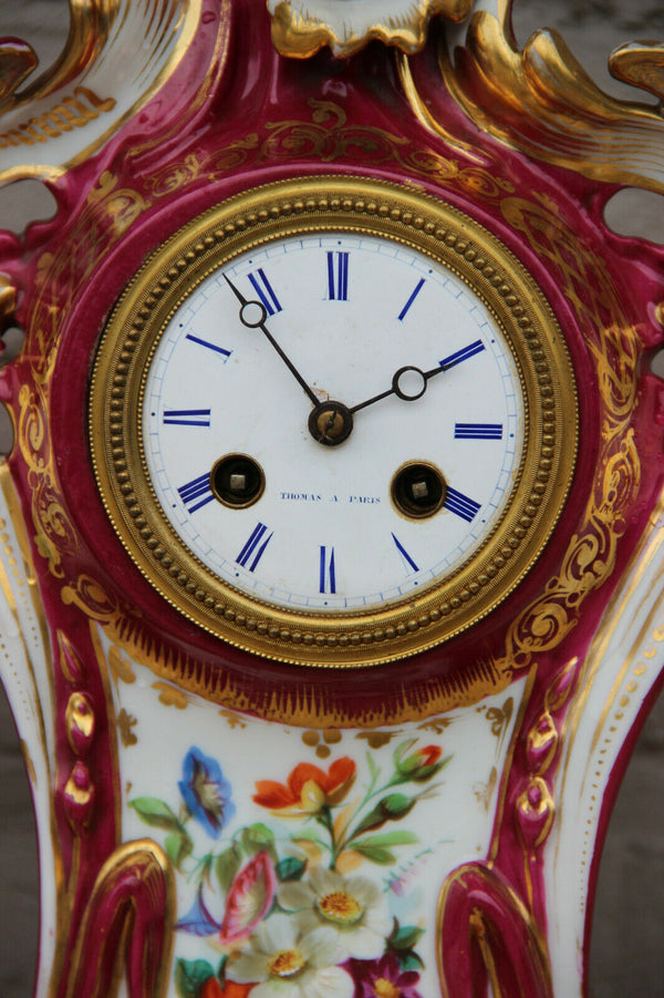 French antique vieux paris porcelain hand paint floral mantel clock