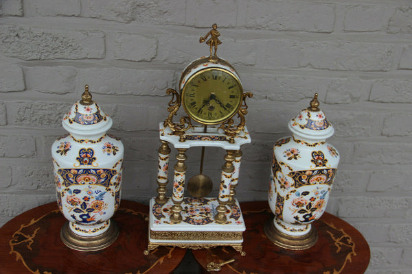 Vintage French Limoges porcelain floral clock set vases putti 1960